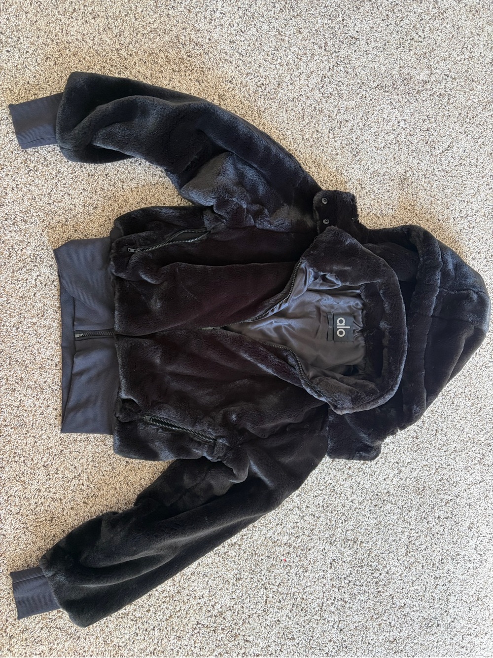 ALO Yoga Foxy Black Faux Fur Bomber Jacket - Picture 3 of 6